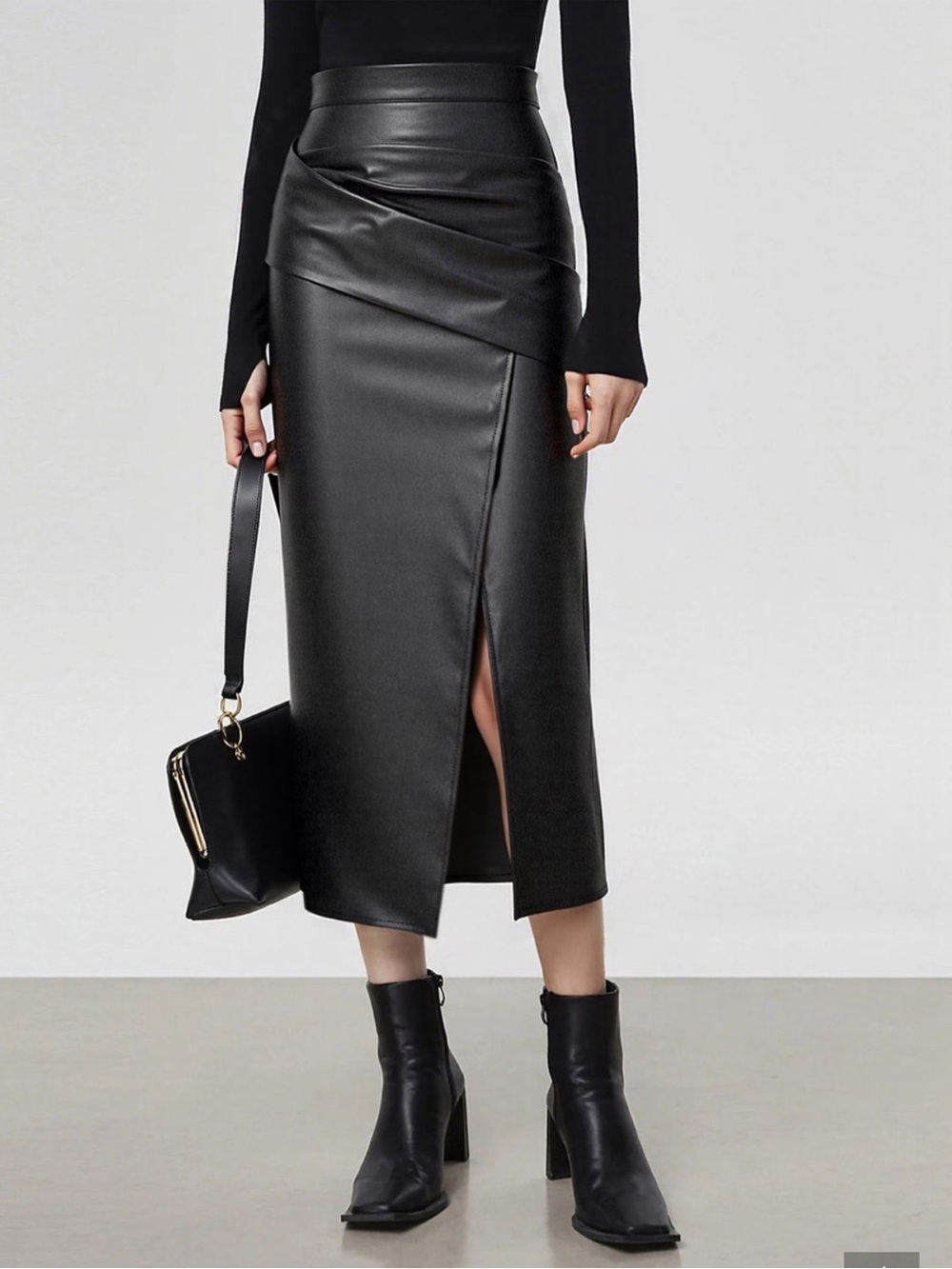 Commense Black Faux Leather Midi Pencil Skirt with Front Slit